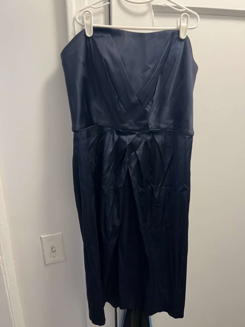 Maggie London- Strapless Navy Satin Cocktail Dress